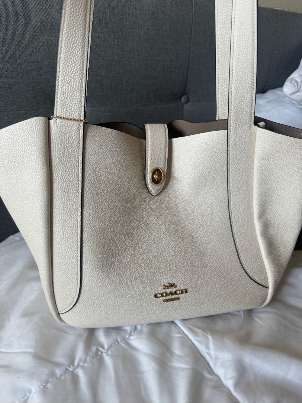 COACH Pebbled White Leather Shoulder Tote Bag with Gold Logo